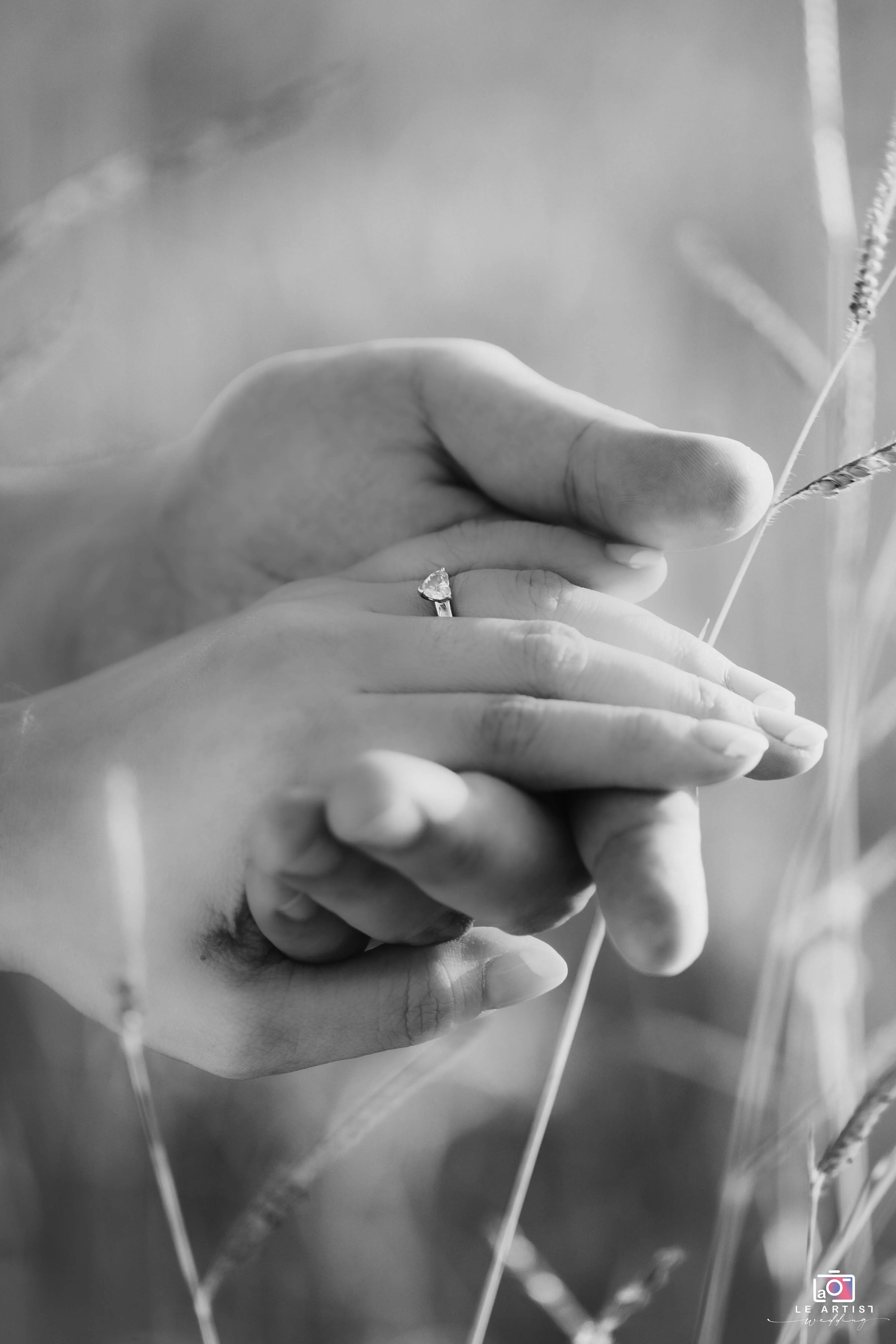 A close-up black and white photo capturing the tender moment of hands gently clasped, highlighting a beautiful engagement ring amid the soft focus of nature. Le Artist Wedding